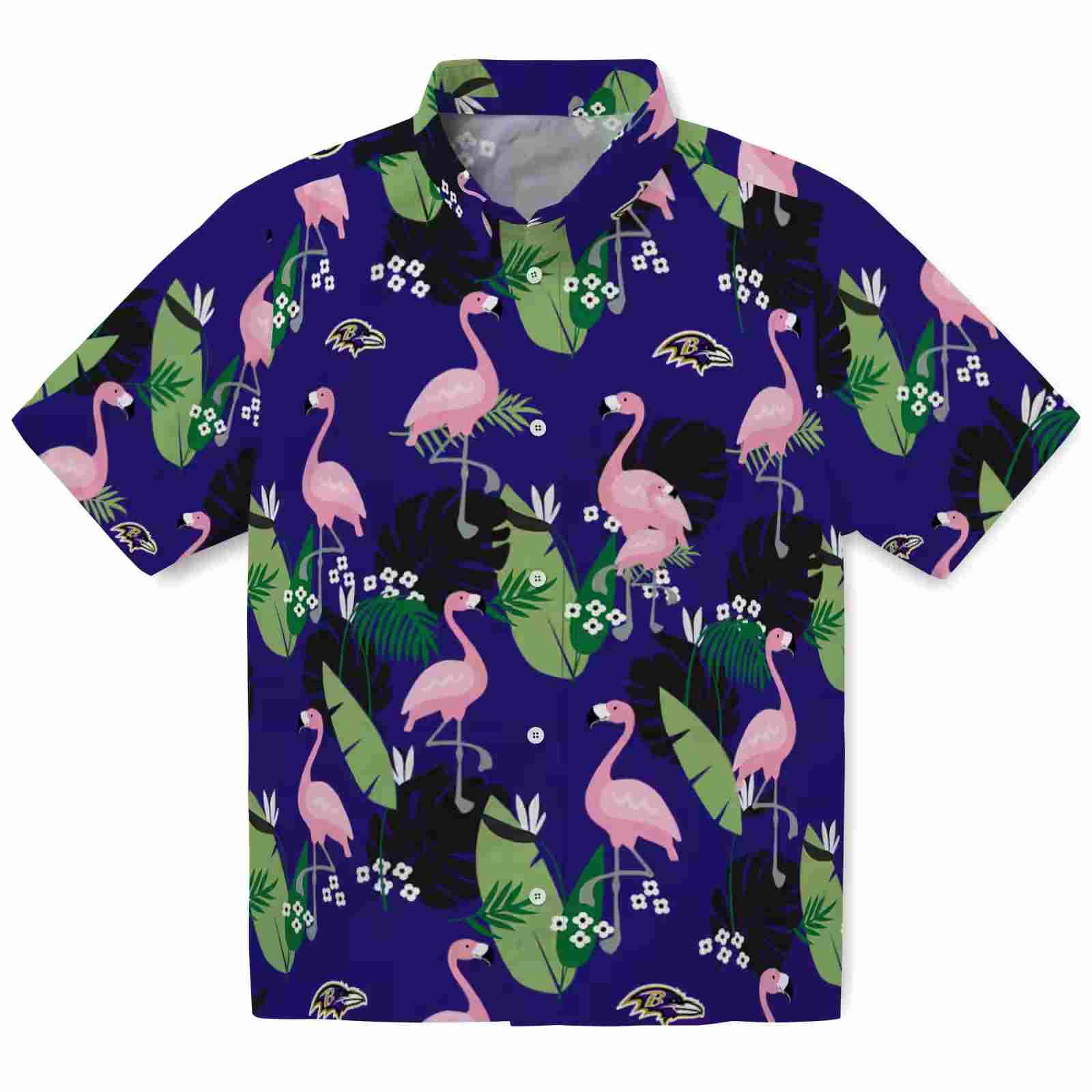 Baltimore Ravens Flamingo Leaf Motif Purple Hawaiian Shirt