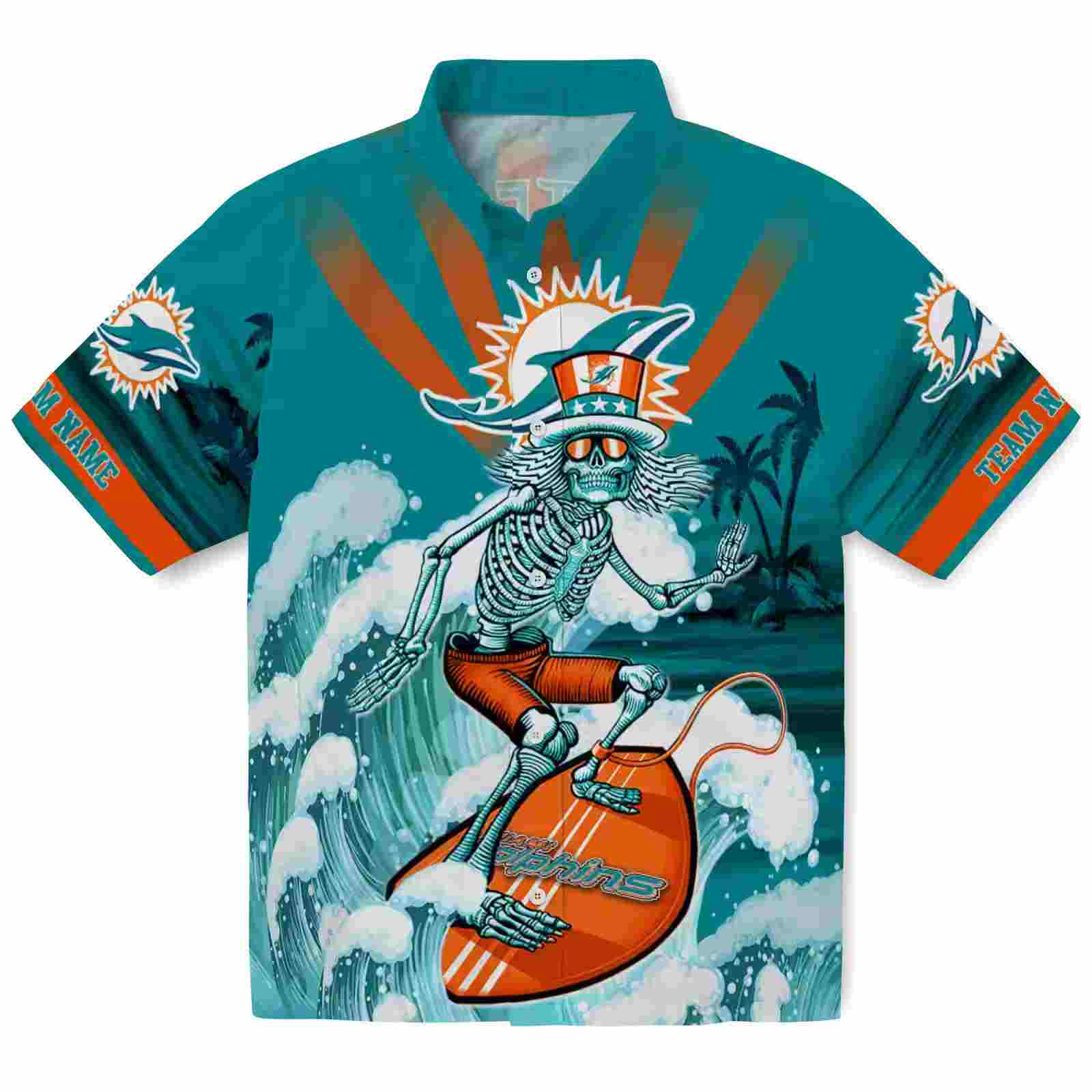 Custom Miami Dolphins Surfing Skeleton Aqua Blue Hawaiian Shirt