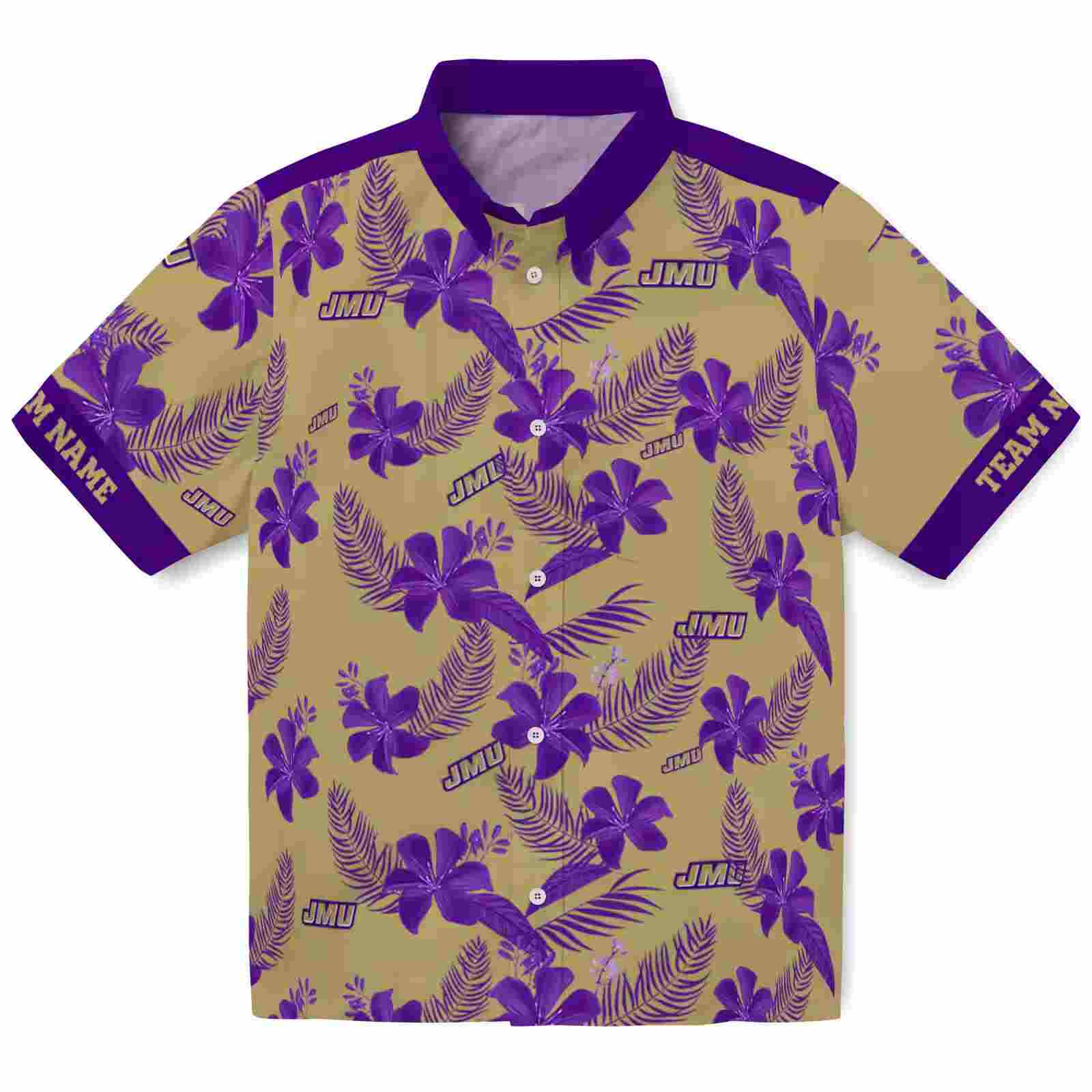 Personalized James Madison Dukes Botanical Print Gold Hawaiian Shirt