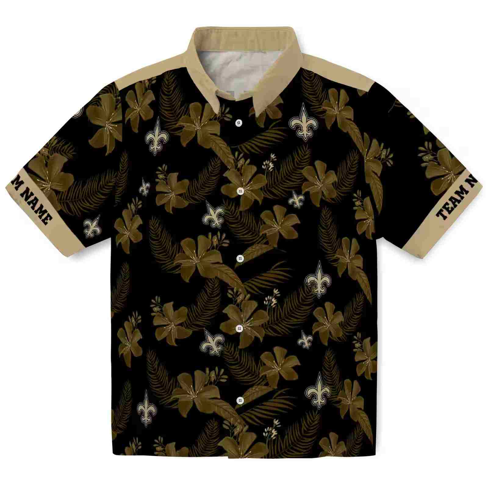 Personalized New Orleans Saints Botanical Print Black Hawaiian Shirt