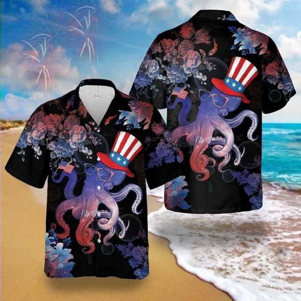 4Th Of July Trendy Hawaiian Shirt Octopus Celebrates 4Th Of July Flower Black Hawaii Aloha Shirt, 4th Of July Hawaiian Shirt, 4th Of July Shirt