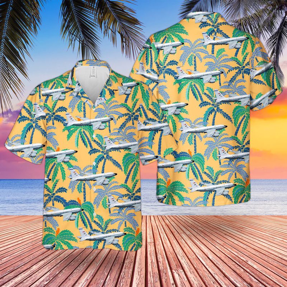 Air Force Aloha Shirt, US Air Force 38th Reconnaissance Squadron Boeing RC-135V Rivet Joint Electronic Intelligence Aircraft Hawaiian Shirt