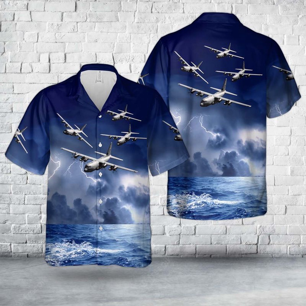 Air Force Aloha Shirt, US Air Force 53rd Weather Reconnaissance Squadron Hurricane Hunters WC-130J Hercules Hawaiian Shirt