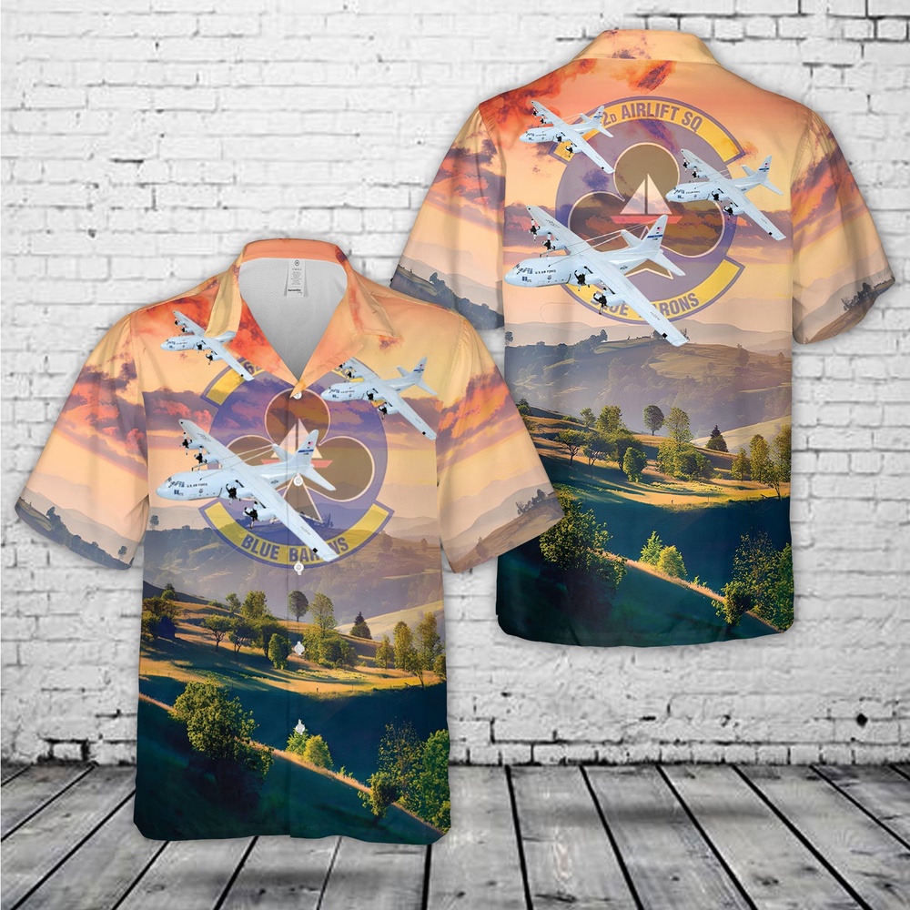 Air Force Aloha Shirt, US Air Force 62d Airlift Squadron Blue Barons Lockheed Martin C-130E Hawaiian Shirt