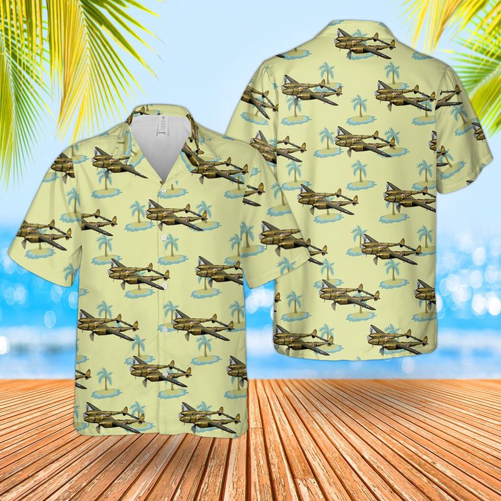 Air Force Aloha Shirt, US Air Force Lockheed P-38F Lightning Glacier Girl Hawaiian Shirt