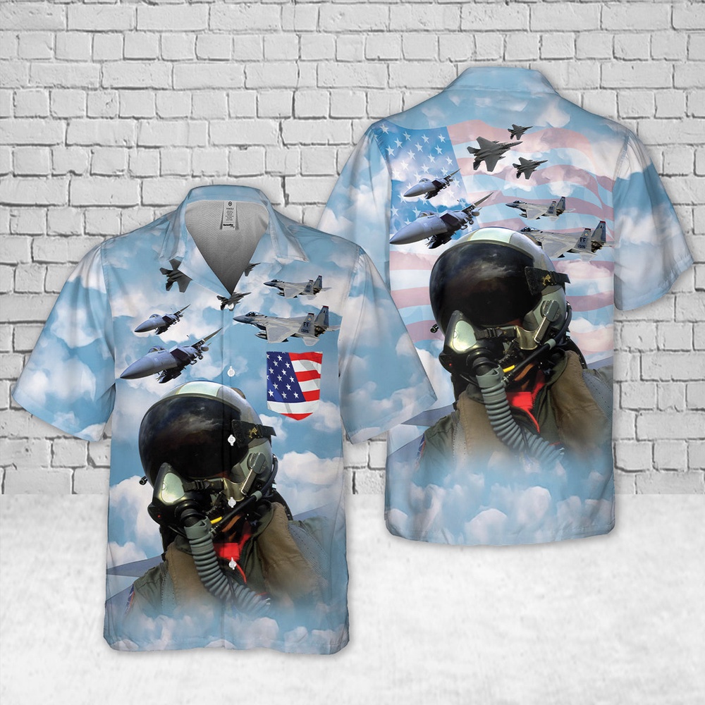 Air Force Aloha Shirt, US Air Force McDonnell Douglas F-15 Eagle Pilot Flying Pocket Hawaiian Shirt