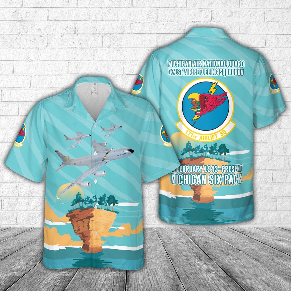Air Force Aloha Shirt, US Air Force Michigan Air National Guard 171st Air Refueling Squadron KC-135T Stratotanker Hawaiian Shirt
