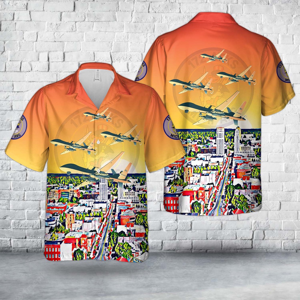 Air Force Aloha Shirt, US Air Force Michigan Air National Guard 172nd Attack Squadron MQ-9 Reaper Hawaiian Shirt