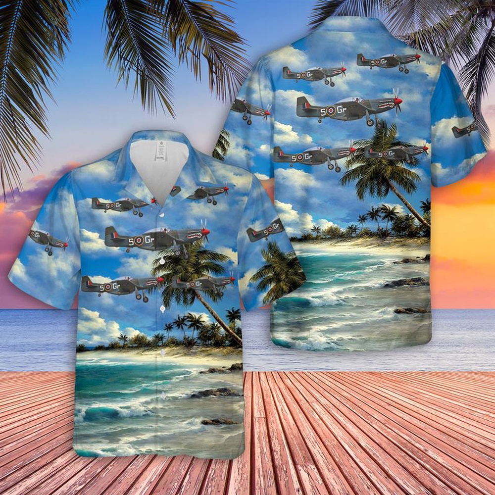 Air Force Aloha Shirt, US Air Force North American P-51 Mustang D G-SHWN The Shark Hawaiian Shirt