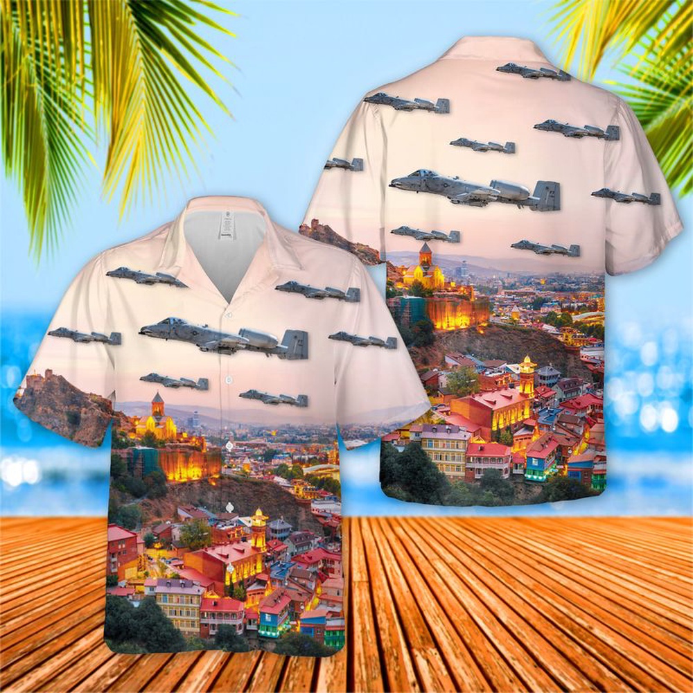 Air Force Aloha Shirt, USAF 75th Fighter Squadron Tiger Sharks Fairchild Republic A-10C Thunderbolt II Hawaiian Shirt