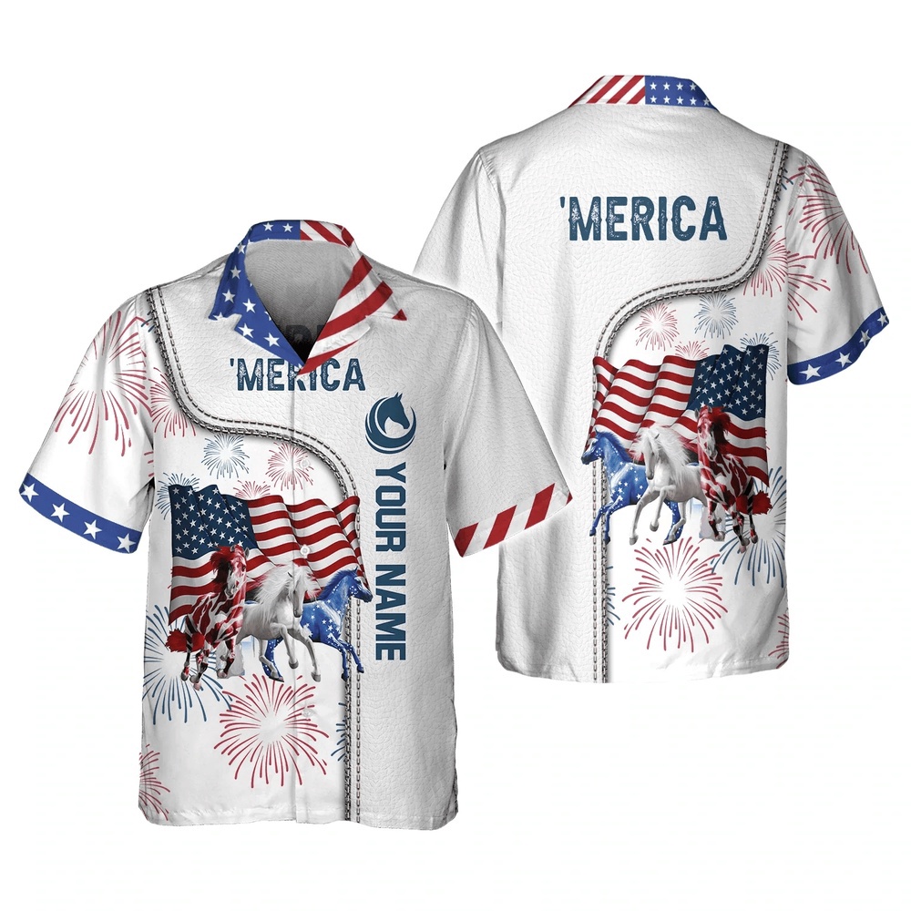 American Horse 4Th Of July Shirt, Personalized Name 3D Hawaiian Shirt, 4th Of July Hawaiian Shirt, 4th Of July Shirt