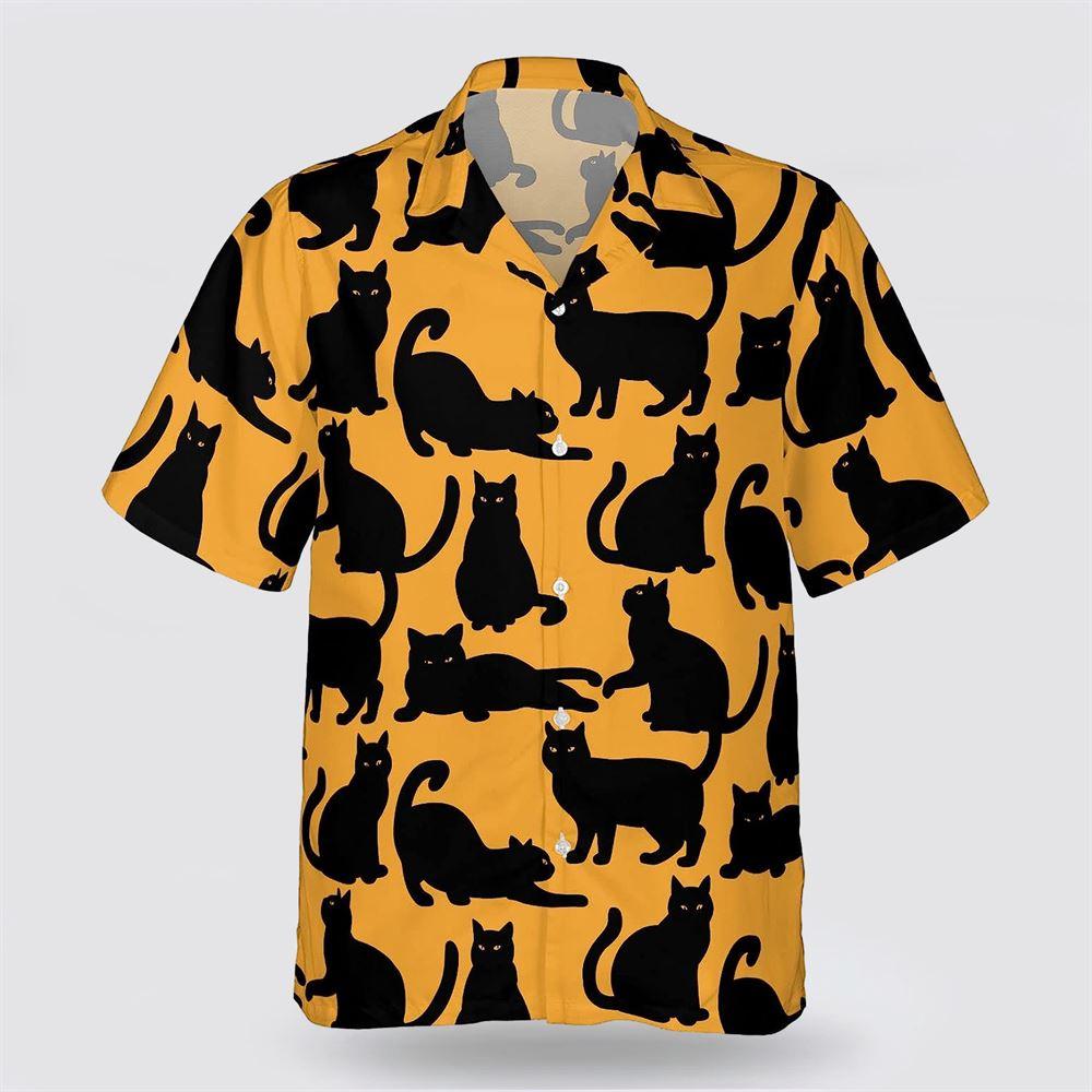 Black Cat Active On The Yellow Background Hawaiin Shirt - Gifts For Pet Lover