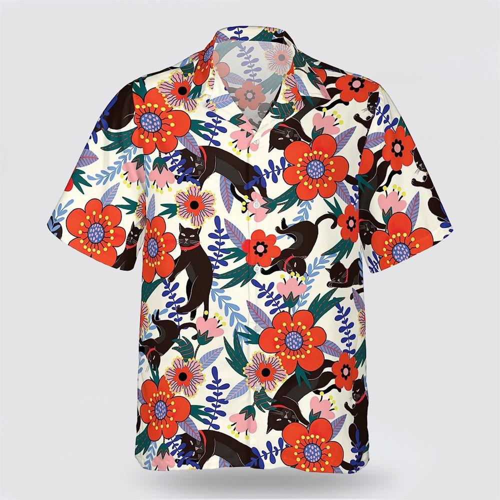 Black Cat And Red Flower Pattern Hawaiin Shirt - Gifts For Pet Lover