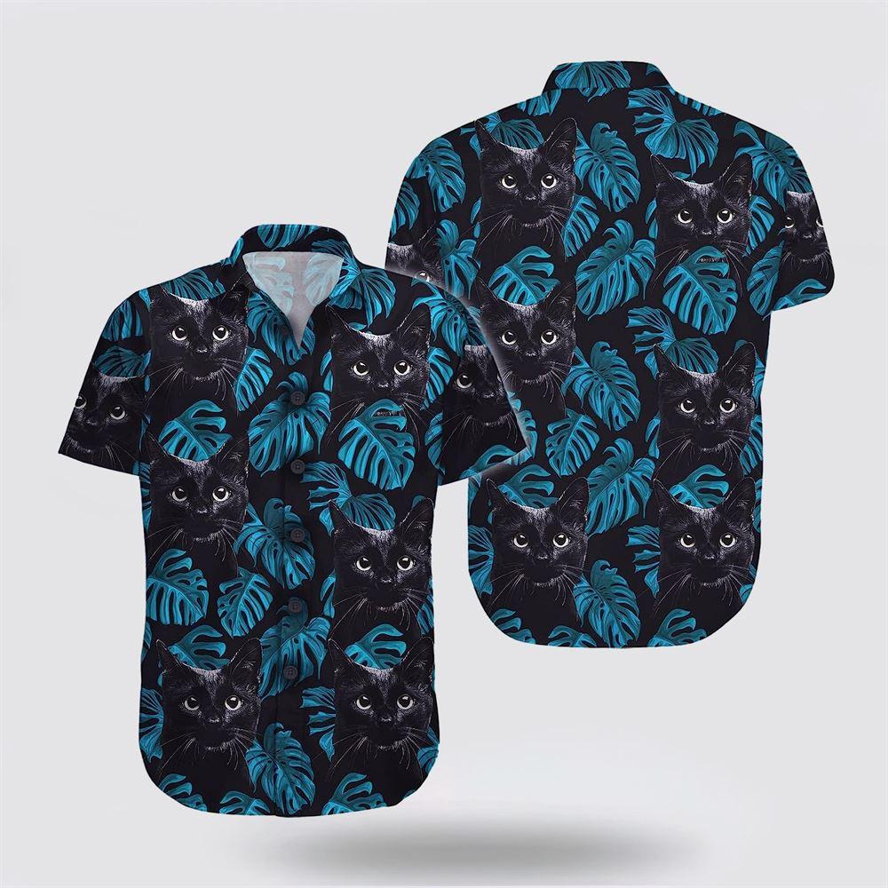 Black Cat In Blue Leaves Tropic Hawaiin Shirt - Gifts For Pet Lover