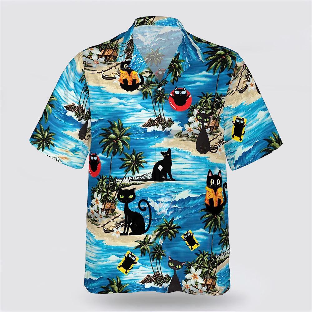Black Cat On The Blue Beach Pattern Hawaiin Shirt - Pet Lover Hawaiian Shirts