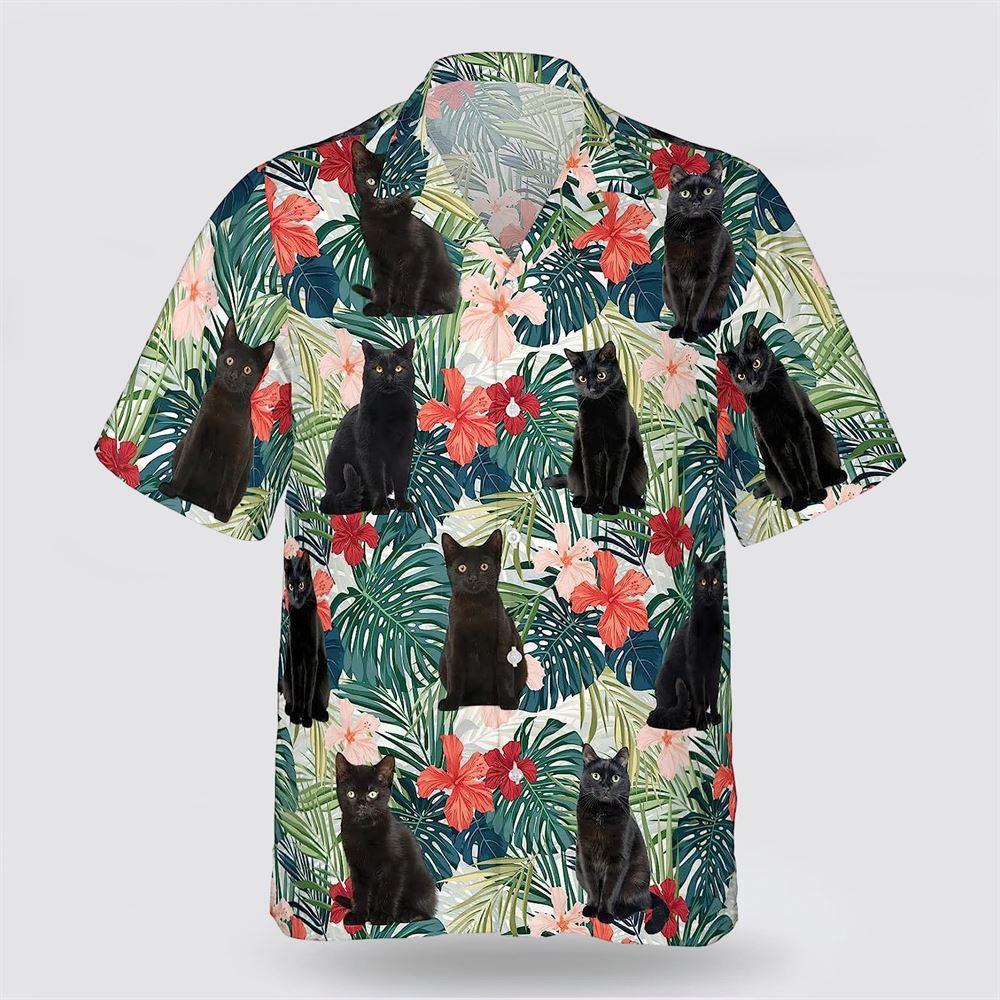 Black Cat With Green Leaves And Red Flower Pattern Hawaiin Shirt - Gifts For Pet Lover