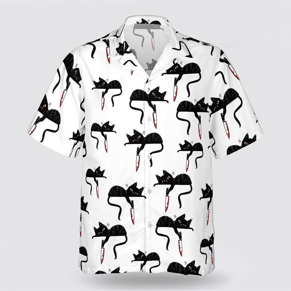 Black Cat With Knife Pattern Hawaiin Shirt - Gifts For Pet Lover