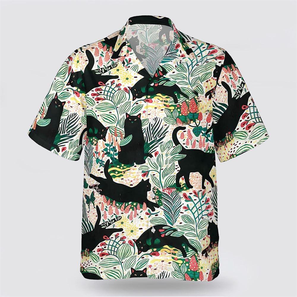 Black Cat With Leaves Pattern Hawaiin Shirt - Gifts For Pet Lover
