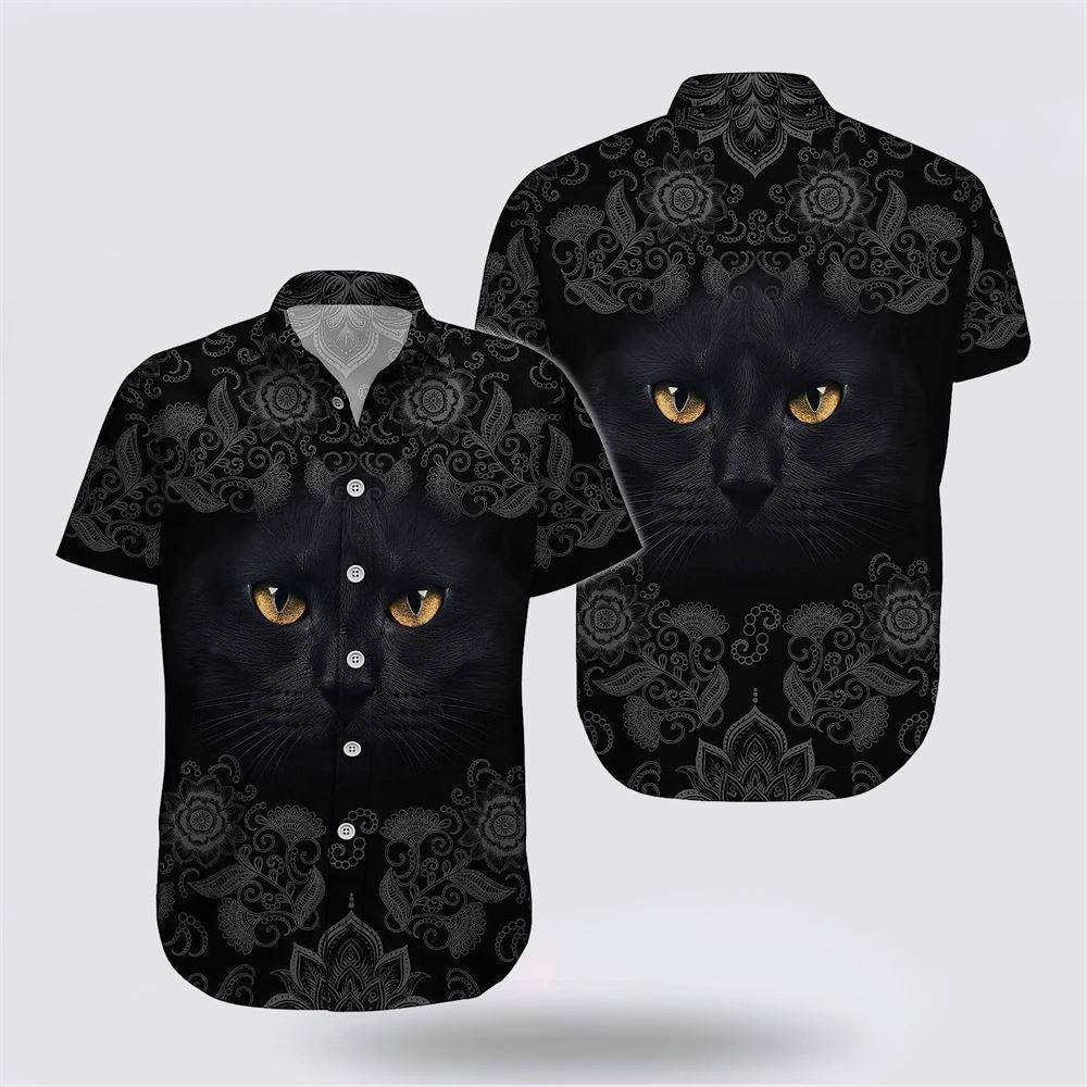 Black Cat With Yellow Eyes Pattern Hawaiin Shirt - Gifts For Pet Lover