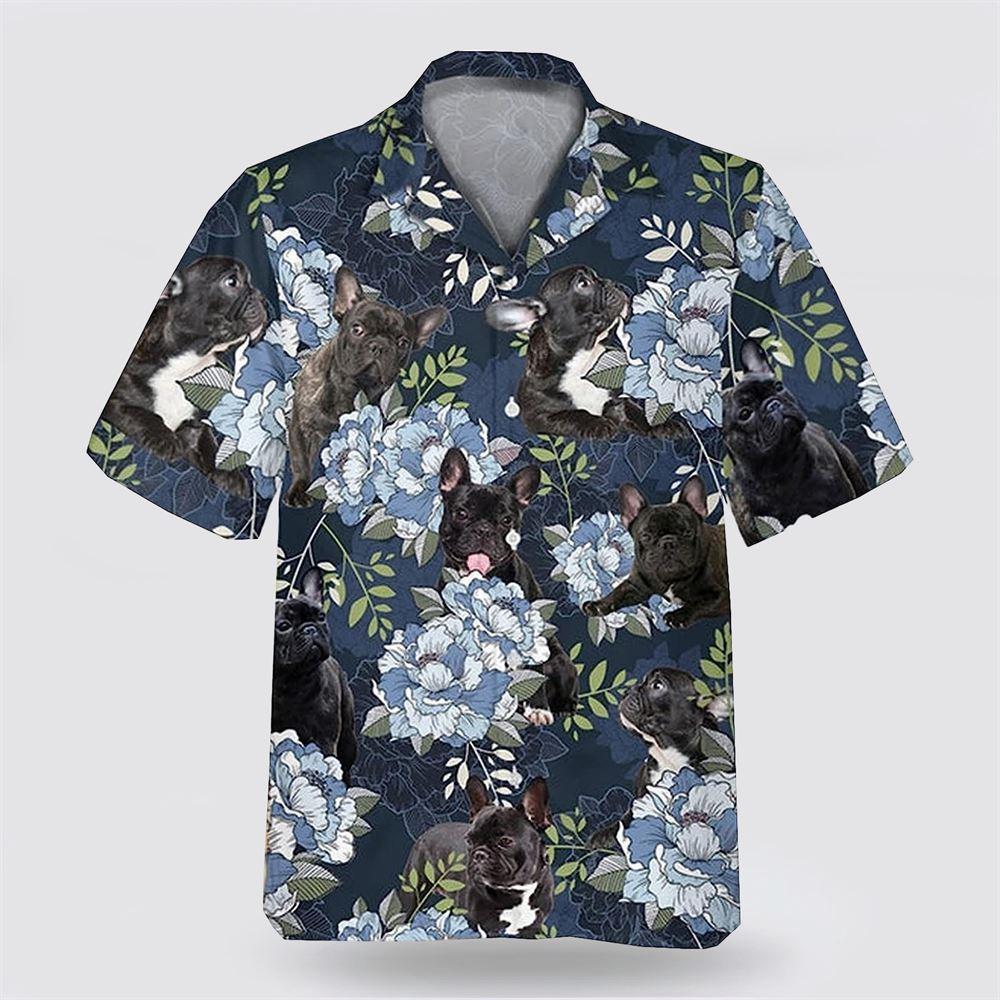Black French Bulldog On The Blue Flower Background Hawaiian Shirt - Pet Lover Hawaiian Shirts