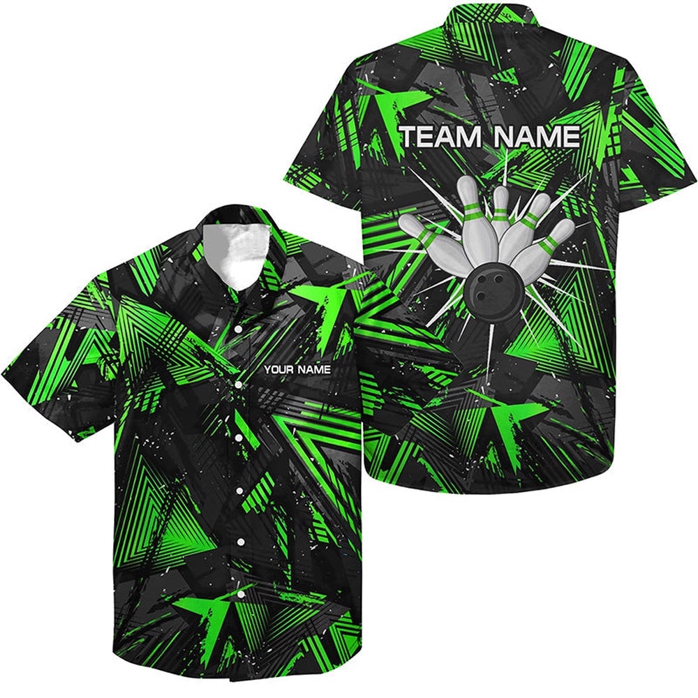Black Green Camo Bowling Button Hawaiian Shirt, Custom Team Bowling Hawaiian Shirt