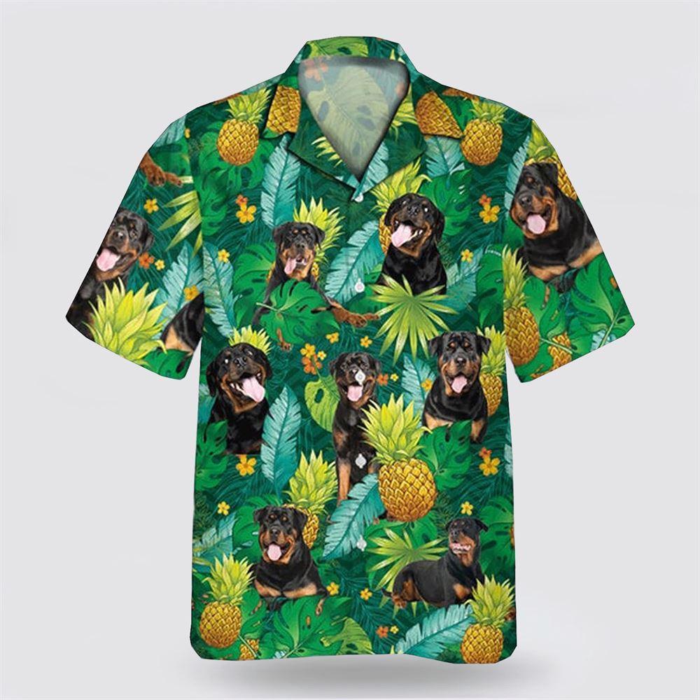 Black Rottweiler On Leaves Green Background Hawaiin Shirt - Gift For Pet Lover