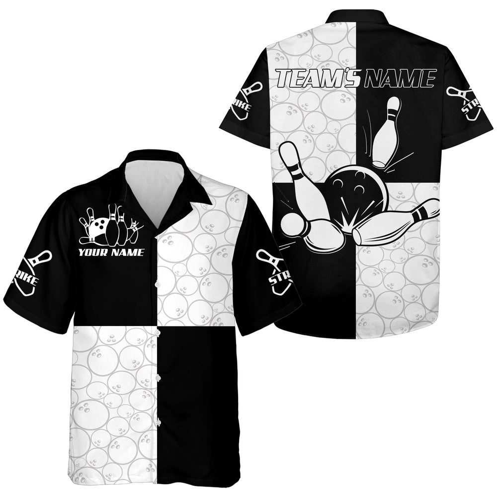 Black & White Bowling Shirt For Men Women, Custom Team Bowling Hawaiian Shirt