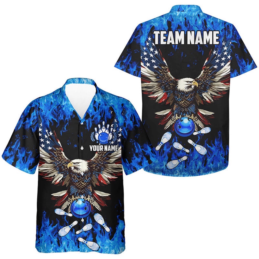 Blue Flame Hawaiian Bowling Shirts, Custom American Flag Eagle Team Button Up Bowling Shirts, Custom Team Bowling Hawaiian Shirt