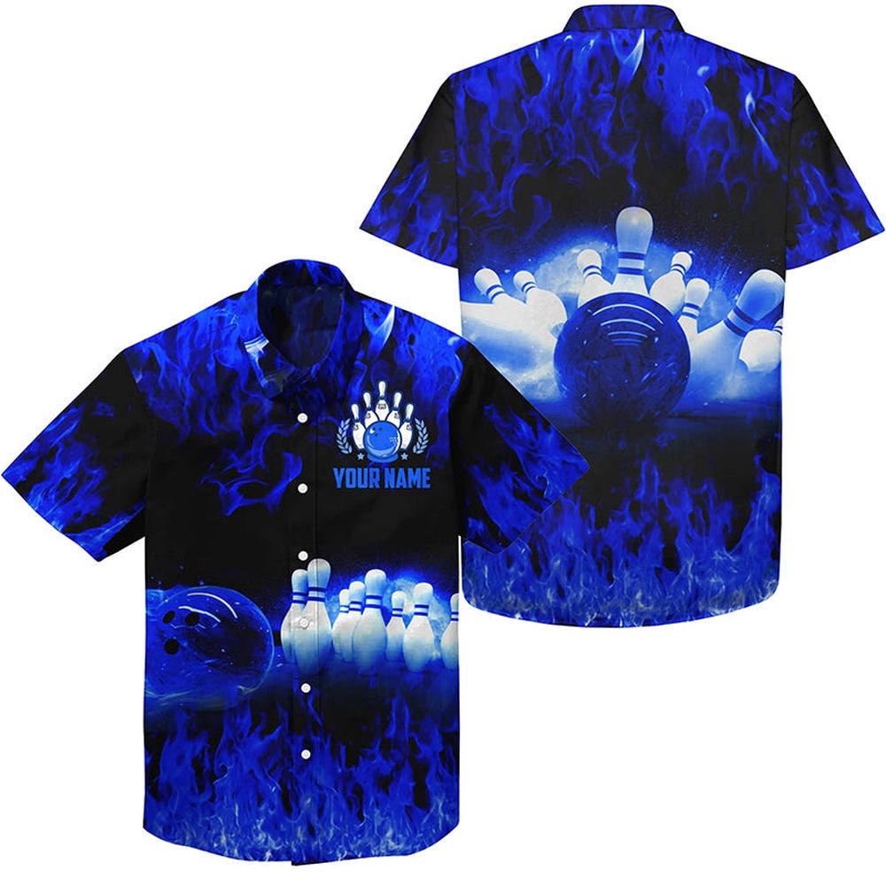Blue Flame Hawaiian Bowling Shirts, Custom Bowling Shirt, Custom Team Bowling Hawaiian Shirt