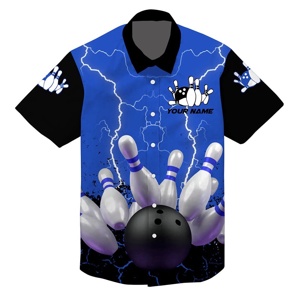 Blue Lightning Hawaiian Bowling Shirts, Custom Bowling Shirt, Custom Team Bowling Hawaiian Shirt