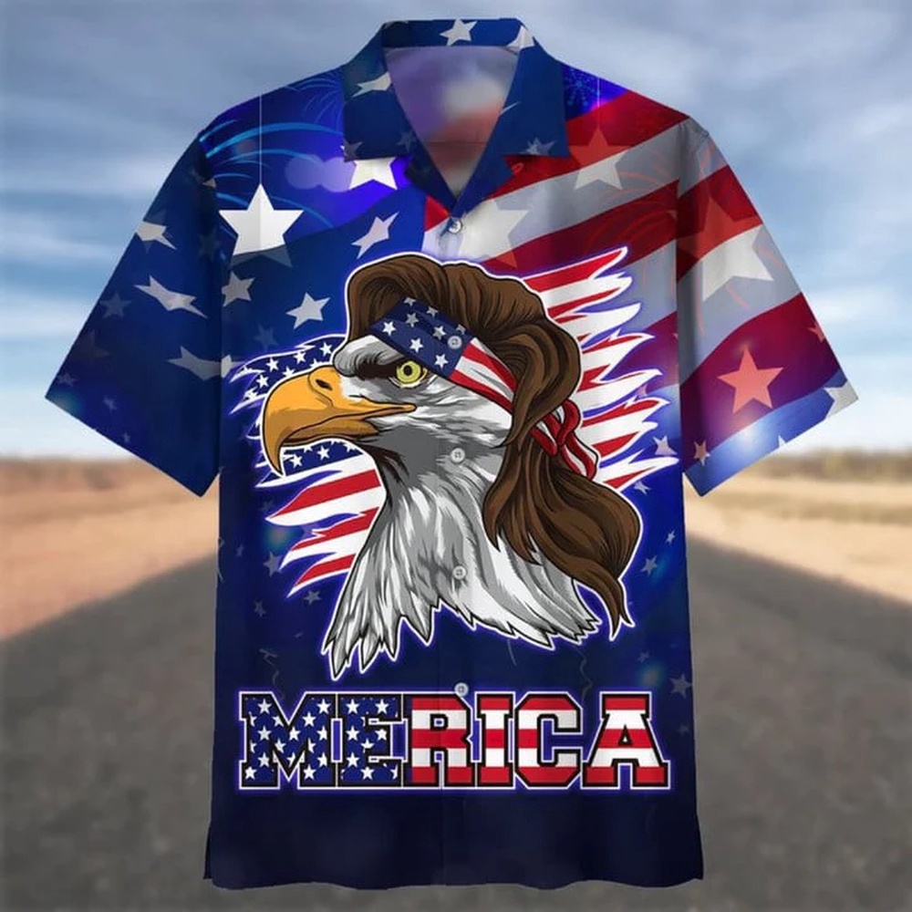 Blue Merican Hawaiian Shirt With Eagle, Independence Day Hawaii Aloha Beach Shirt, 4th Of July Hawaiian Shirt, 4th Of July Shirt