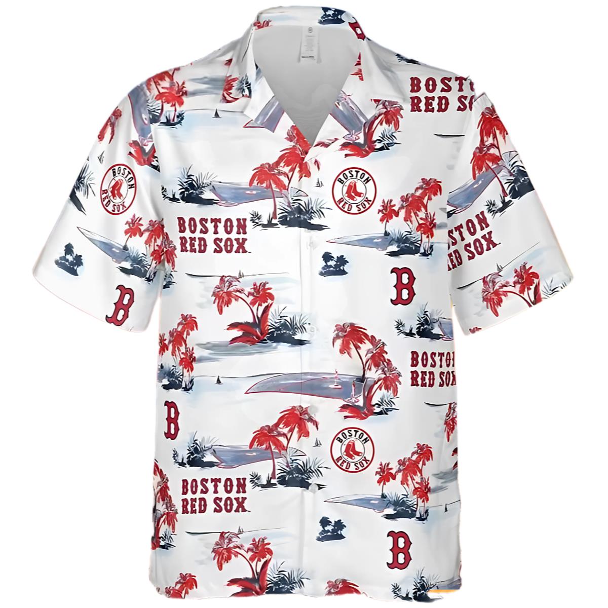 Boston Red Sox Hawaiian Shirt White Logo And Floral Pattern