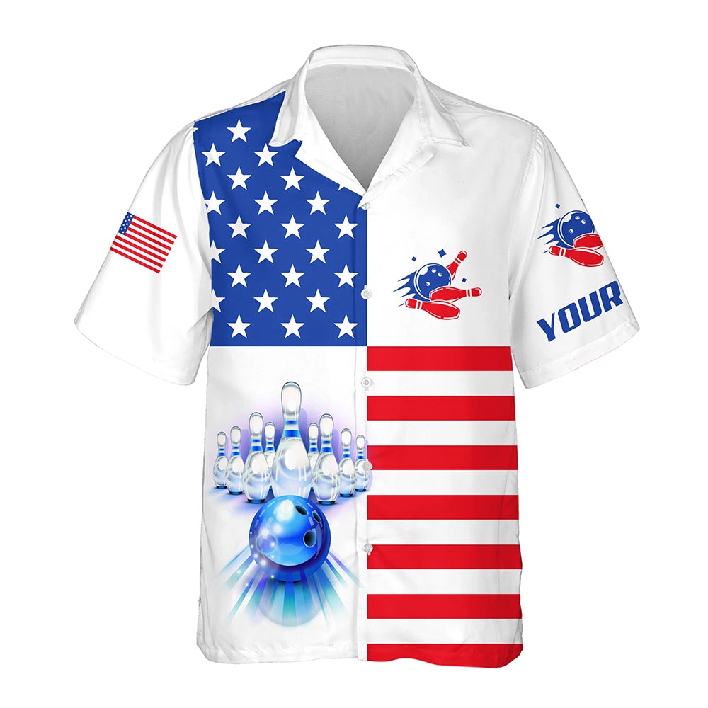 Bowling Hawaiian Shirt, American Flag Patriotic Bowling Hawaiian Shirt, Customize Button Up Bowling Shirts