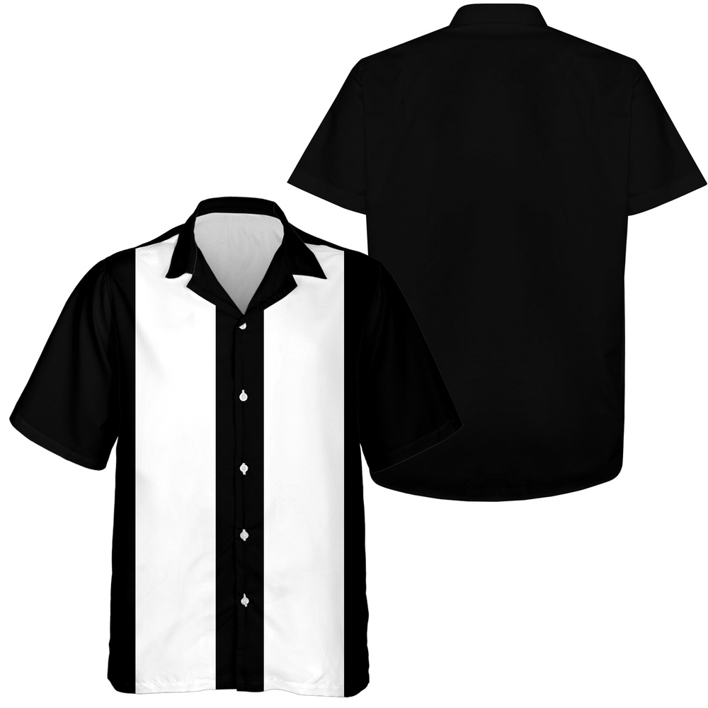 Bowling Hawaiian Shirt, Black And White Men Retro Bowling Shirts, Men Short Sleeve Button Down Vintage Bowling Shirts