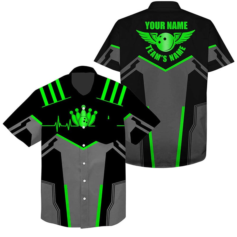 Bowling Hawaiian Shirt Bowling Ball And Pins Green, Custom Team Bowling Hawaiian Shirt