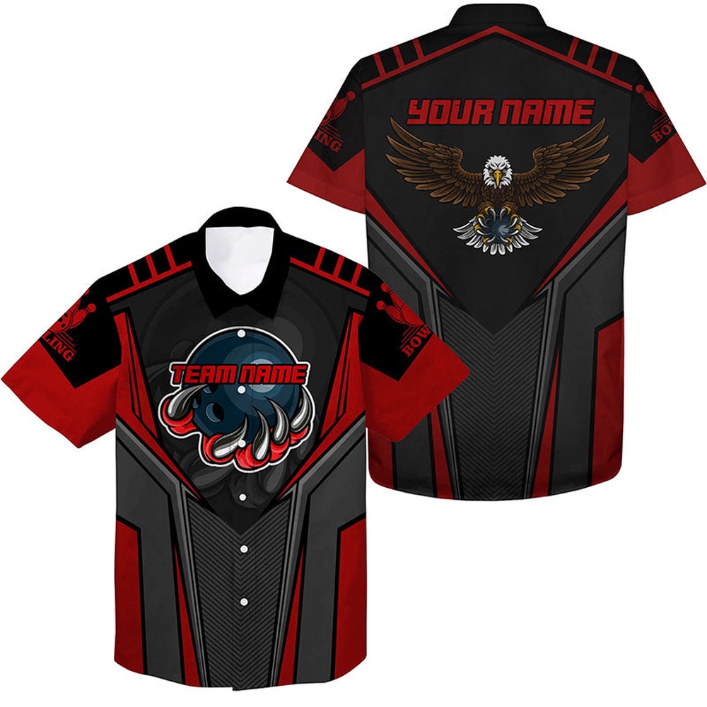 Bowling Hawaiian Shirt, Custom Name And Team Name Bowling Hawaiian Shirt For Men, Eagle Men Bowling Team Shirts Red