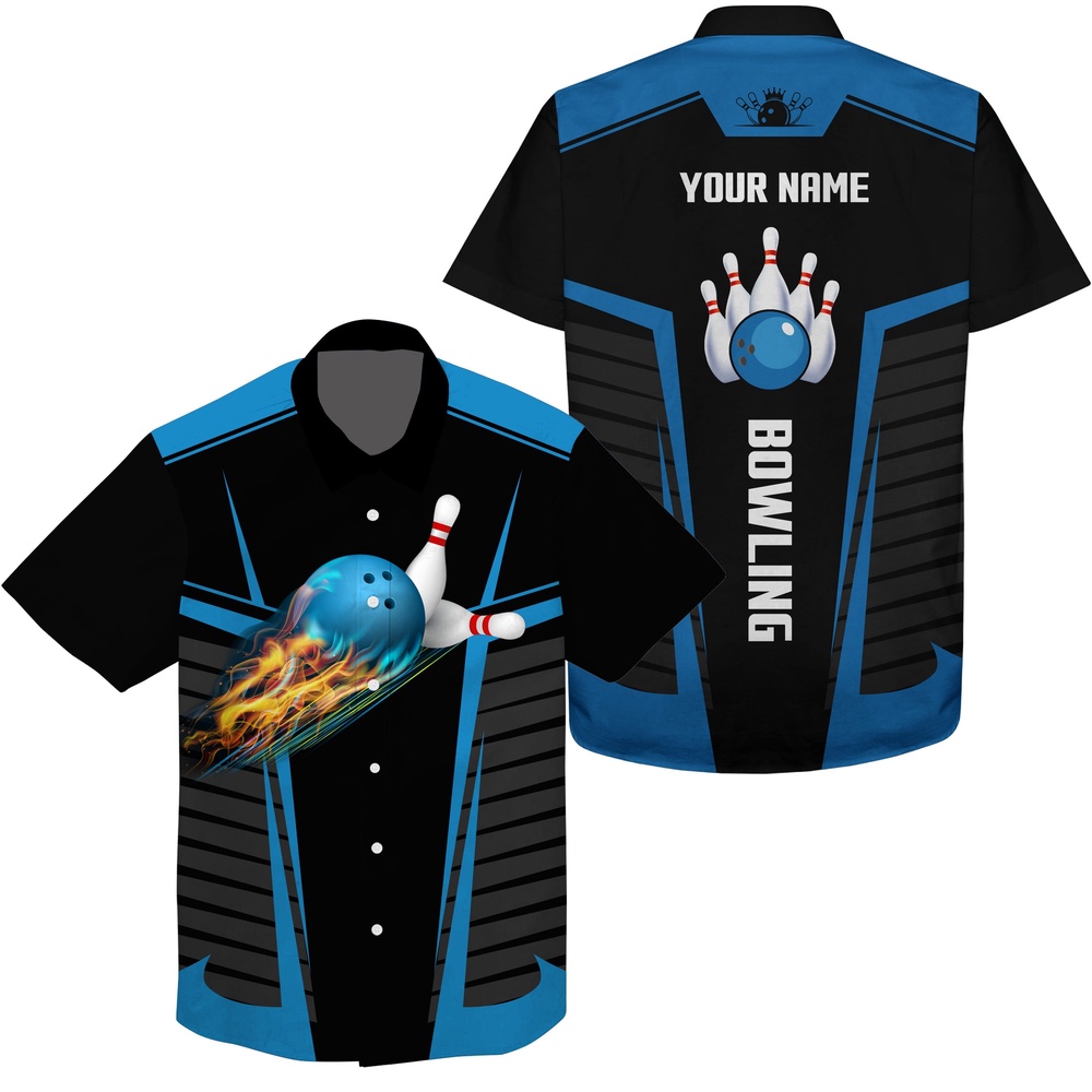 Bowling Hawaiian Shirt, Customize Hawaiian Bowling Shirts With Flame Bowling Balls And Pins Black Blue Bowling Shirts For Men