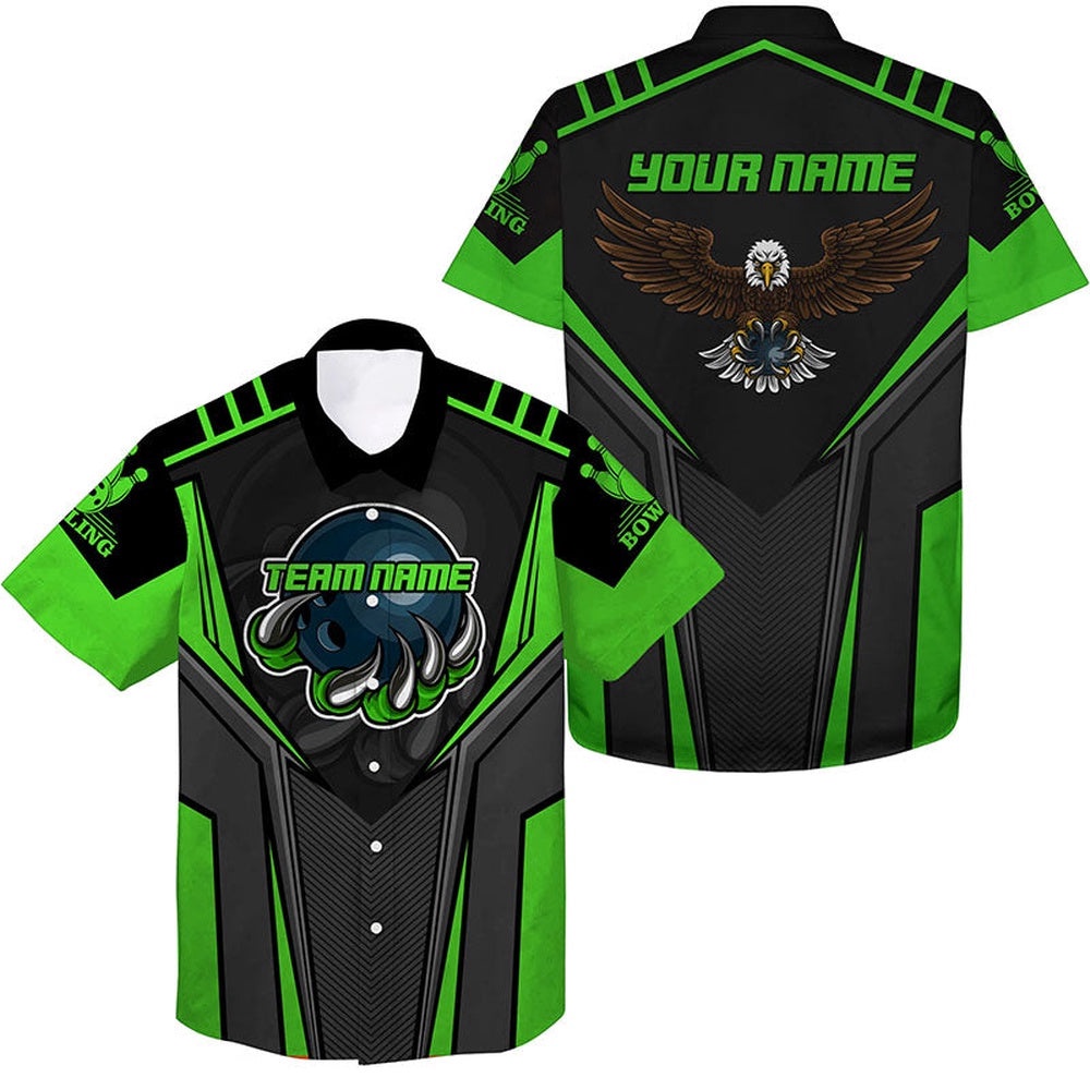 Bowling Hawaiian Shirt For Men, Eagle Men's Bowling Team Shirts Green, Custom Team Bowling Hawaiian Shirt
