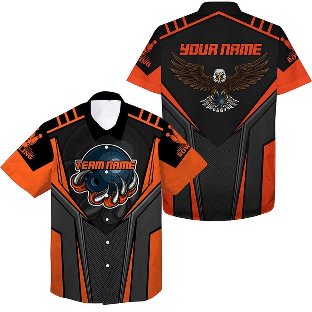 Bowling Hawaiian Shirt For Men, Eagle Men's Bowling Team Shirts Orange, Custom Team Bowling Hawaiian Shirt