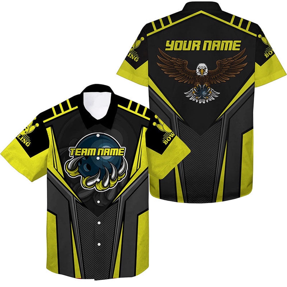 Bowling Hawaiian Shirt For Men, Eagle Men's Bowling Team Shirts Yellow, Custom Team Bowling Hawaiian Shirt