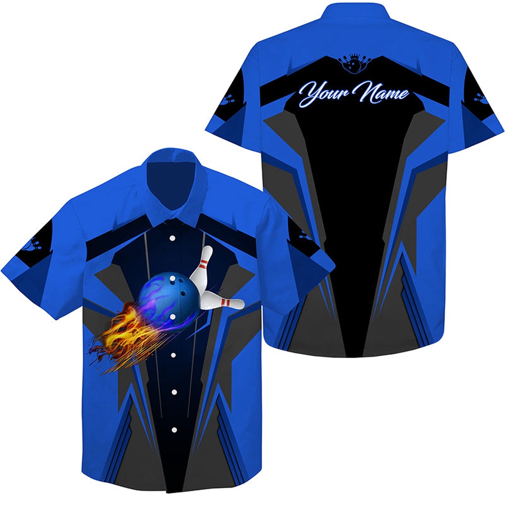 Bowling Hawaiian Shirt, Personalized Hawaiian Bowling Shirts Flame Bowling Ball And Pins, Bowling Shirt For Men Bowlers Blue