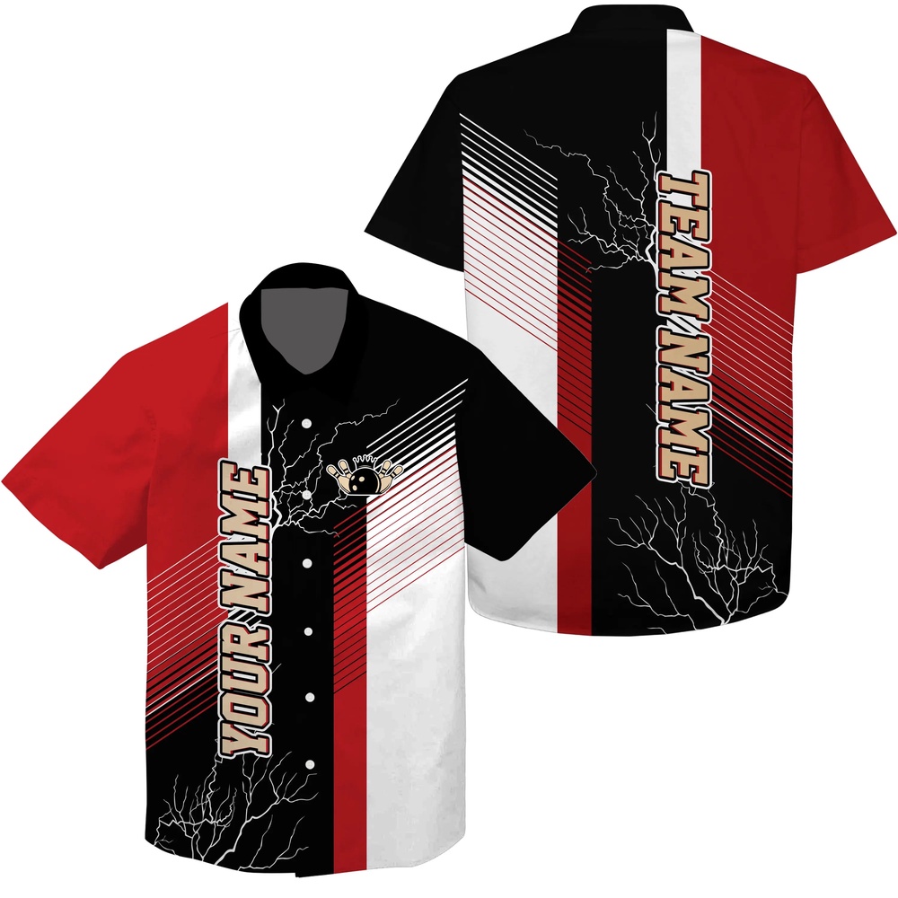 Bowling Hawaiian Shirt, Red And Black Plaid Pattern Lightning Custom Team Name Hawaiian Shirt For Men, Team Bowling Shirts