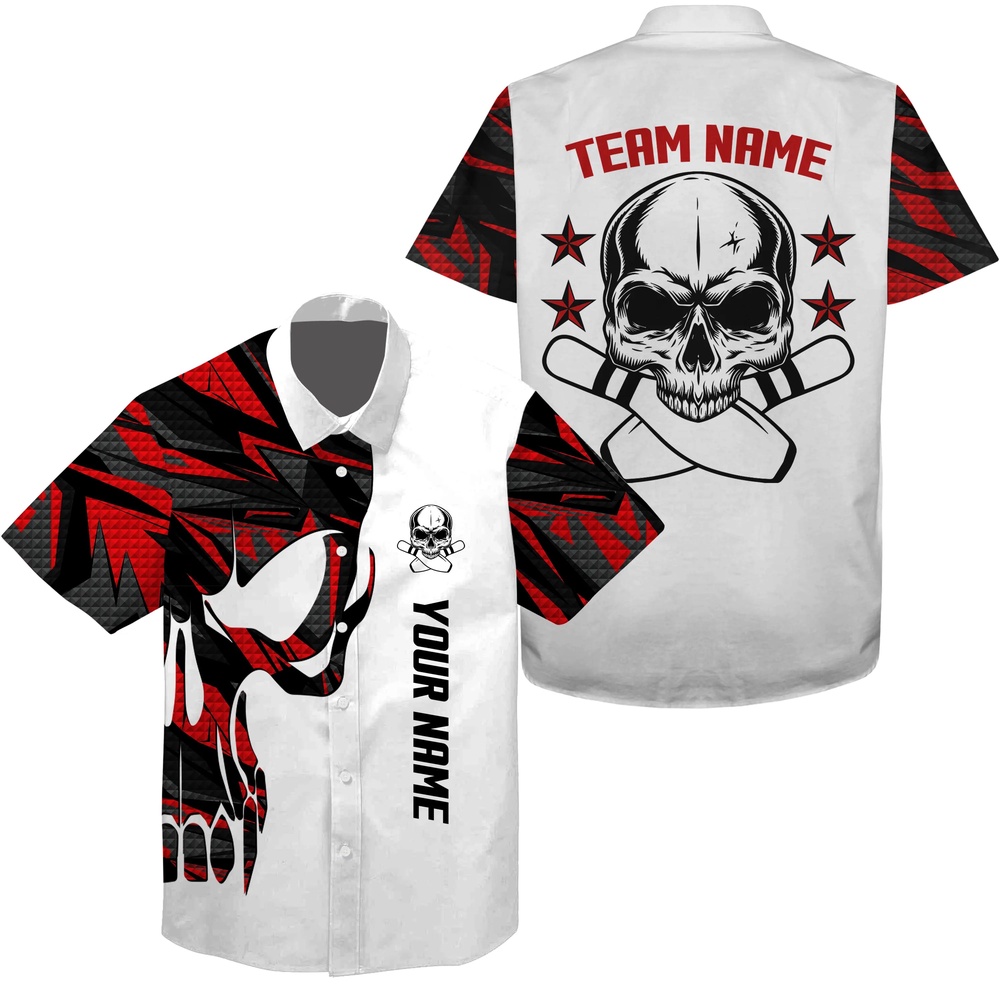 Bowling Hawaiian Shirt, Red And White Bowling Hawaiian Shirt Custom Name And Team Name Skull Bowling, Team Bowling Shirts
