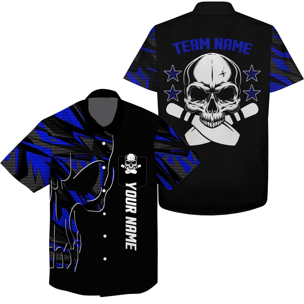 Bowling Hawaiian Shirt Skull Bowling Blue, Custom Team Bowling Hawaiian Shirt