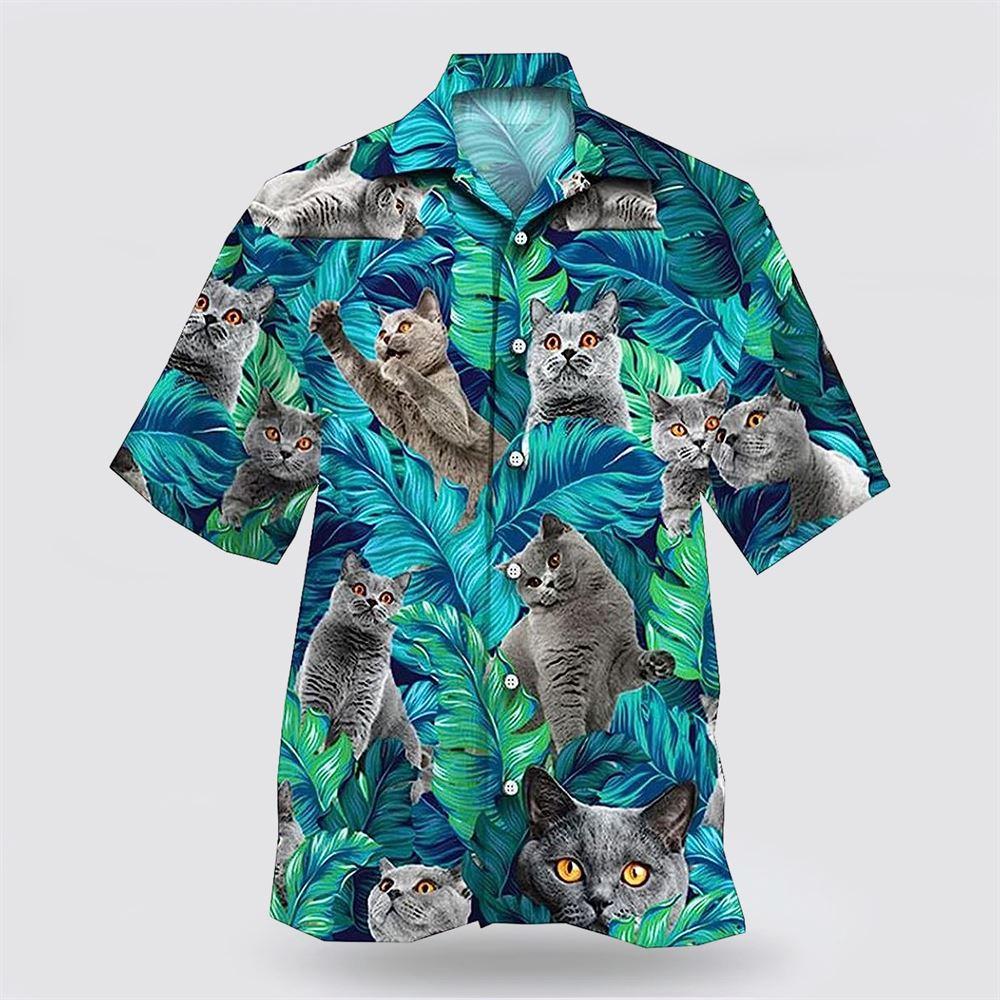 British Shorthair Cat With Funny Face In Tropic Hawaiin Shirt - Gifts For Pet Lover