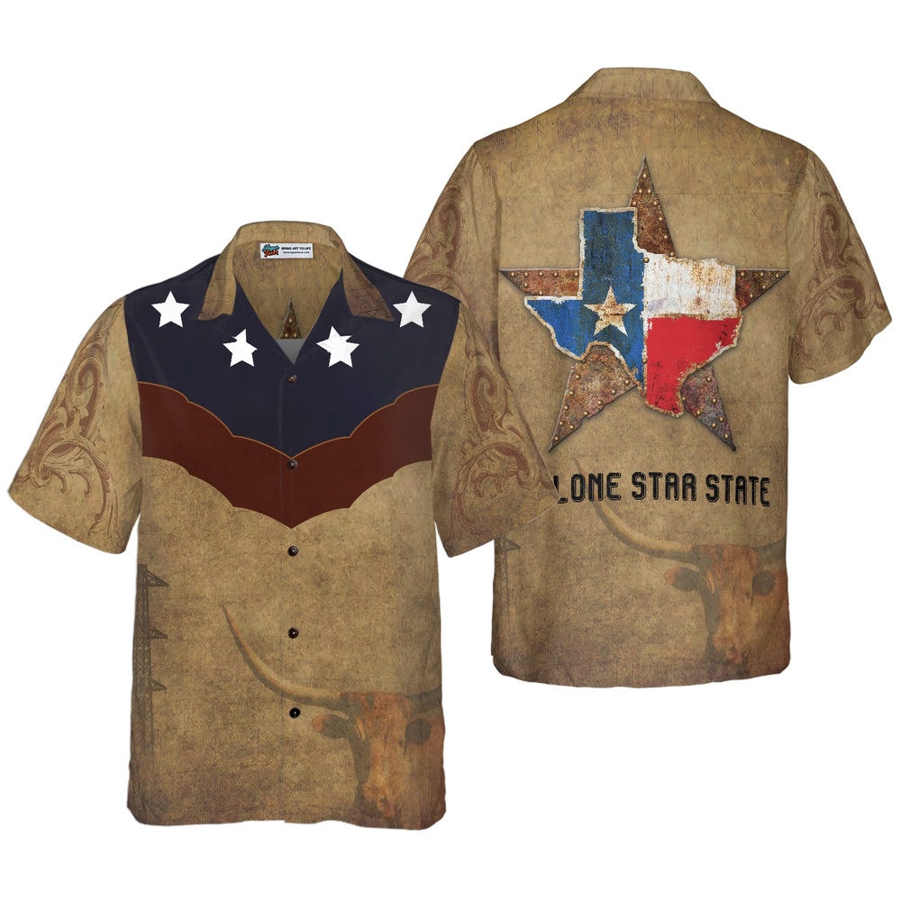 Brown Vintage Floral Damask Pattern Texas Hawaiian Shirt, Texas Hawaii Shirt, Texas Shirt