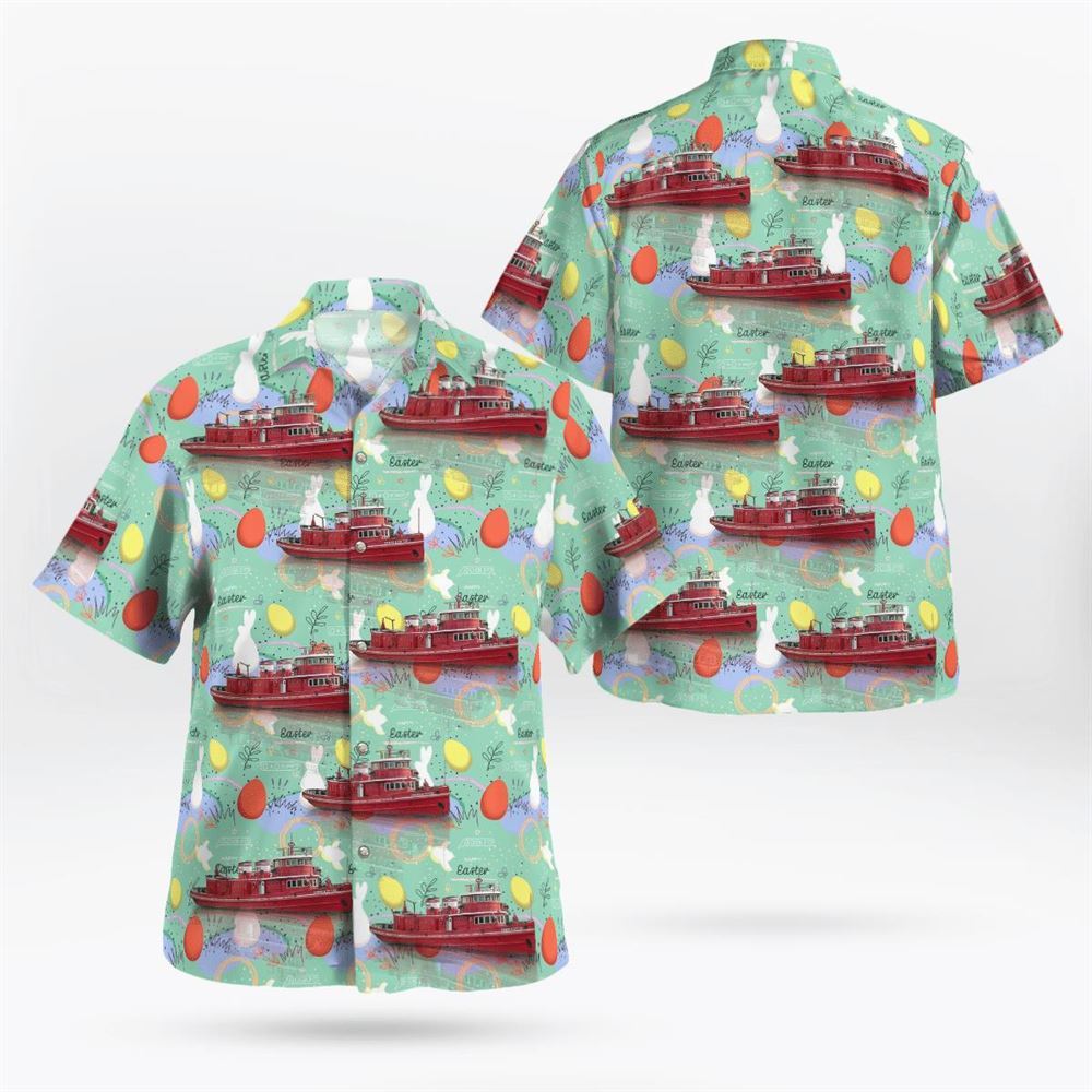 Buffalo, New York, Buffalo Fire Department Edward M. Cotter Fireboat, Happy Easter Day Bunny Hawaiian Shirt - Gifts For Firefighters In Buffalo, NY
