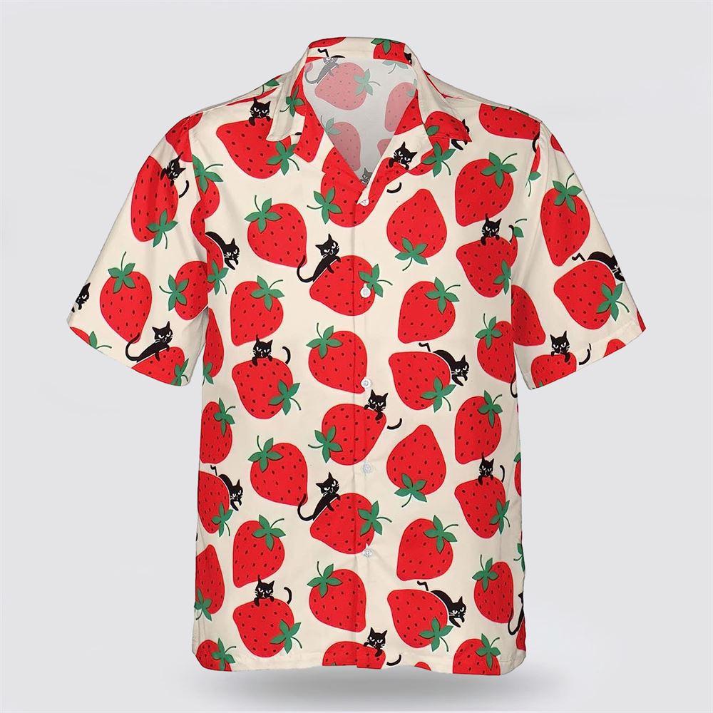 Cat On The Red Strawberry Pattern Hawaiin Shirt - Pet Lover Hawaiian Shirts