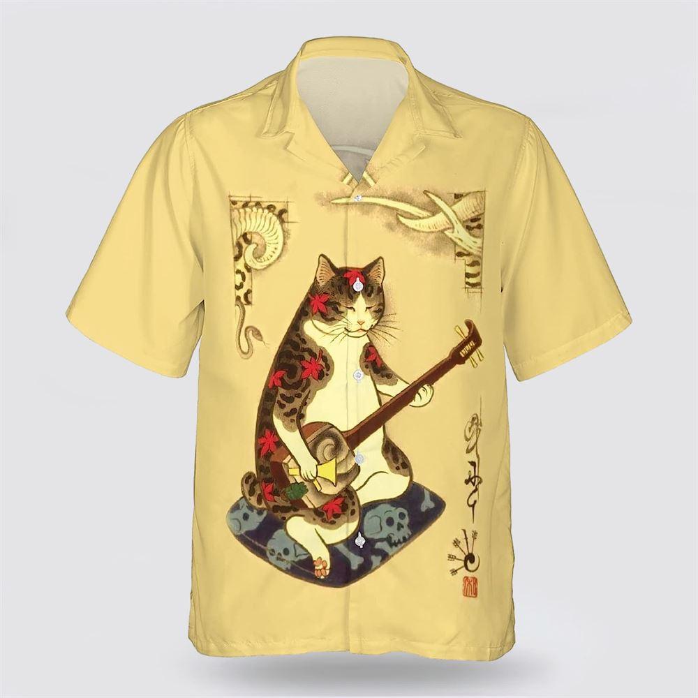Cat Sitting Using Musical Instrument Pattern Hawaiin Shirt - Gifts For Pet Lover