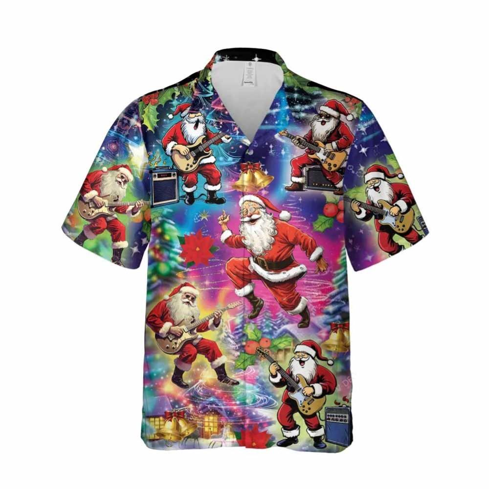 Christmas Hawaiian Shirt, Christmas Music Button Down Santa Plays Guitar Bass Button Down Hawaiian Shirt, Xmas Hawaiian Shirts